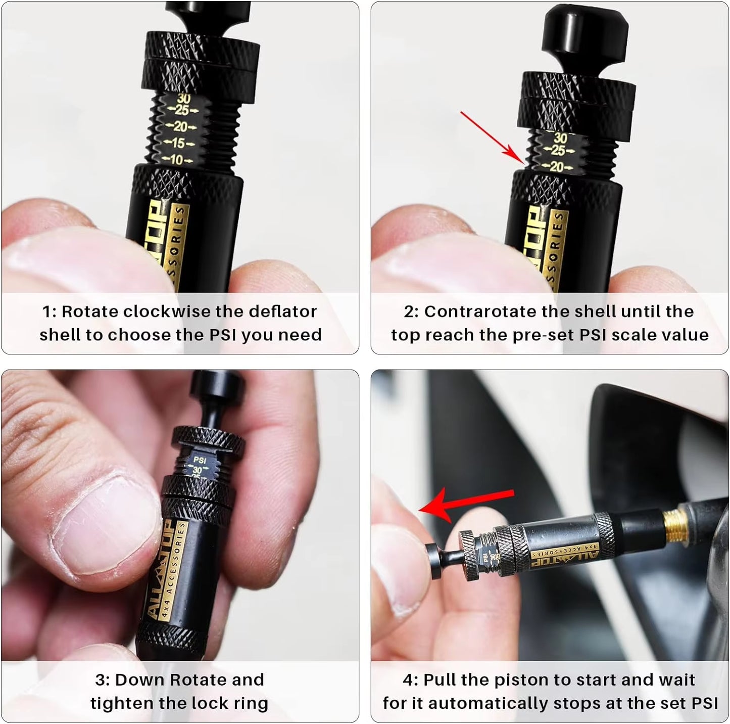 Auto-Stop Tire Deflator Valve Kit (10-30 PSI) 4 PCS Screw-On Tyre Air down Tool Vehicles Motorcycle Offroad 4X4 Tire Tools Set